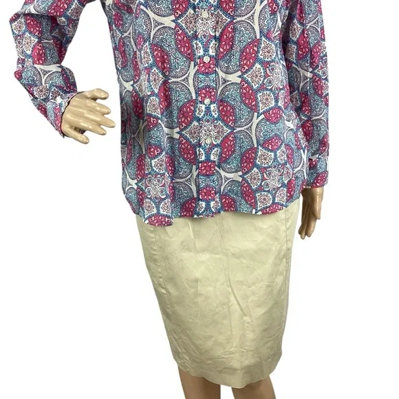 Talbots Petite Perfect Shirt Medallion Print Blue Pink Size MP - Picture 3 of 7